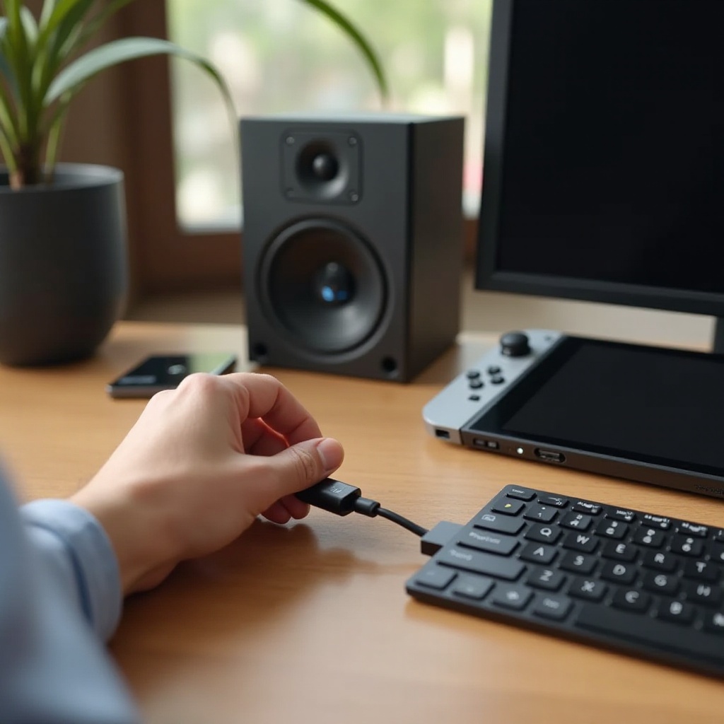 قم بتوصيل المفتاح بمكبرات صوت الكمبيوتر باستخدام USB-C